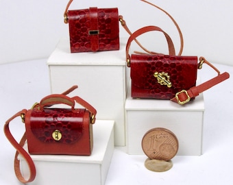 Elegant leather and wood miniature bag,  1/12 scale