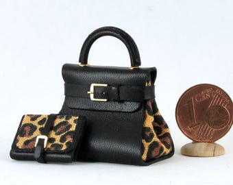 Miniature bag in leather and fabric, with matching wallets, 1/12 scale