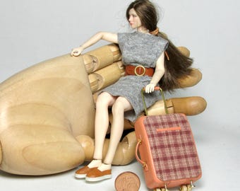 Miniature trolley, handmade in fabric and leather, 1/12 scale