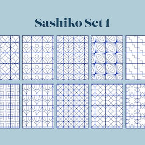 May include: A collection of ten white rectangular designs with intricate blue geometric patterns. The designs include circles, leaves, and starbursts. The text "Sashiko Set 1" is at the top of the image.