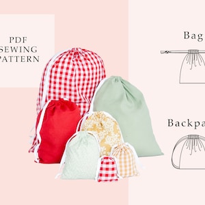May include: A set of six drawstring bags in various colours and patterns, including red and white gingham, solid red, green, and floral. The bags are arranged in a pyramid shape. The image also includes line drawings of a bag and a backpack.
