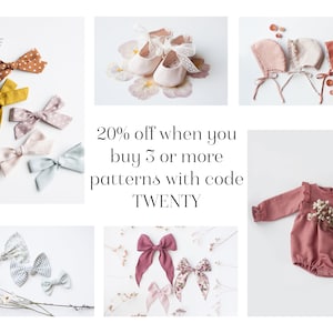Peut inclure: Une collection de v&ecirc;tements et d'accessoires pour b&eacute;b&eacute; fille, comprenant des n&oelig;uds, des chaussures et un body. L'image pr&eacute;sente une vari&eacute;t&eacute; de couleurs et de motifs, notamment le rose, le bleu, le marron et le blanc. Le texte "20% de r&eacute;duction lorsque vous achetez 3 motifs ou plus avec le code TWENTY" est affich&eacute; au centre de l'image.