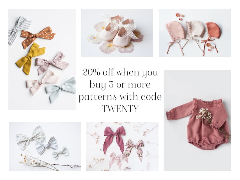 Peut inclure: Divers accessoires pour b&eacute;b&eacute;s, comprenant des n&oelig;uds, des bonnets et des chaussures, dans diff&eacute;rentes couleurs et motifs. Une barboteuse rose est &eacute;galement pr&eacute;sente. Le texte indique : "20% de r&eacute;duction &agrave; l'achat de 3 patrons ou plus avec le code TWENTY."