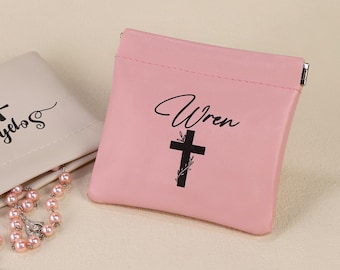 Personalisierte Kreuz Rosenkranz Beutel, Rosenkranz Tasche mit benutzerdefiniertem Namen, Leder Geldbörse, Erstkommunionsgeschenk, christliches Geschenk, Valentinstagsgeschenke