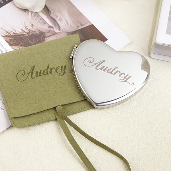Personalized Engraved Silver Compact Mirror, Custom Name Makeup Pocket Mirror