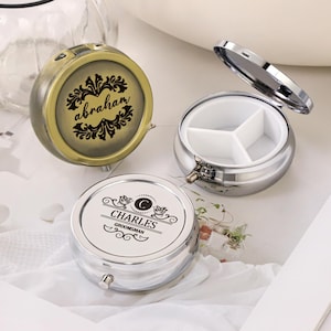 Custom Pill Box, Personalized Travel Pill Case, Pill Container, Round Pill Organizer, Pill Pot, Metal Medicine Box, Compartment Pill Box