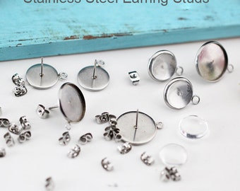 20PCS 12mm Crown STAINLESS Steel Earring Stud Bezel Settings,Blank Bezel Bezel earring Blanks with backs,No allergic Earring Posts