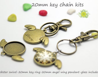 10 Key Ring Craft Kits-Key Chain Pendant Kit-10 Lobster Swivels-10 Key Rings-10 Angel Wing Circle Pendant Trays 20mm-10 Glass Cabochon