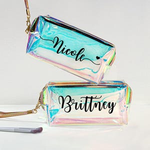 Personalized Name Makeup Bag, Holographic Cosmetic Bag, Irridescent Pouch, Bridesmaid Toiletry Bag, Small washbag Clear, Clear Travel Bag