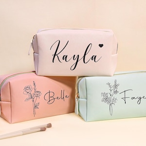 Personalized Makeup Bag for Bridesmaid, Custom Name Cosmetic Bag, Birth Month Flower Toiletry Bag, Leather Makeup Pouch, Bridesmaid Gift