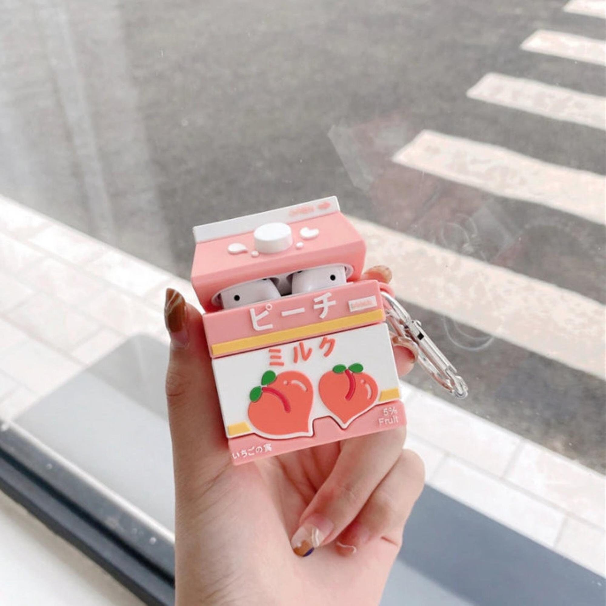 Cute Kawaii Pink Peach Milk Box AirPods case with Keychain Belt Clip ,Creative Design Protective Silicone Cover Case for AirPods 1 2 3