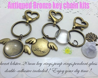 10 Photo Keychain Kits-10pcs 20mm Angle Wings Round Pendant Trays-10 Heart key chain lobster-10 Split Ring-10 Glass Tiles-10 Double Adhesive