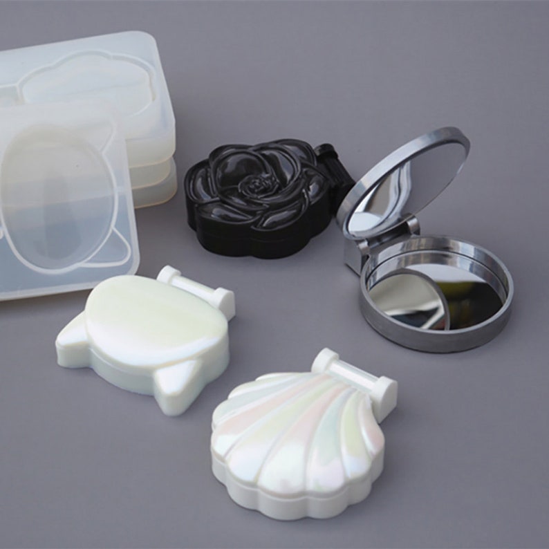 Makeup Mirror Silicone Resin Mold-Creative Shell Cat Rose Round Shape Mirror Resin Molds-Handmade Makeup Mirror Mold