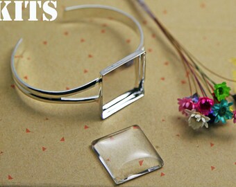 25mm Square Bracelet Blanks-1 inch Bezel Bracelet Bangle-25mm Square Bezel Cuff Bracelet Tray-25mm Square Glass Cabochon Included-Choose Qty