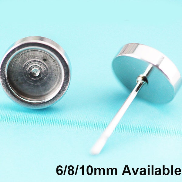 6/8/10/12 mm Stainless Steel Earring Stud Settings-Earring Post- Round Stud Earring Blank-No allergic, Sold by Different Quantity