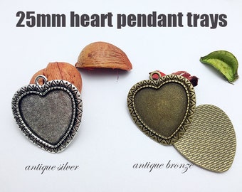 20pcs 25mm Heart Pendant Tray-25mm Heart Bezel Tray Setting-25mm Heart Settings-Heart Shaped Pendant Trays 1 inch-1400