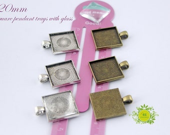 Pendentif Debezel Cup Tray-20mm Square Tray-Cabochon Setting-Pendant Blank-Pendant Tray-20mm Square Pendant Blank Optional Glass and Seal 20pcs