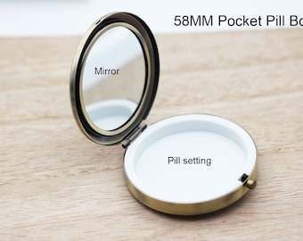 2.25Inch Round Compact Pill Box With ONE Compartment, Insert Mirror Blank Compact Mirror Frame Silver Bronze Gold