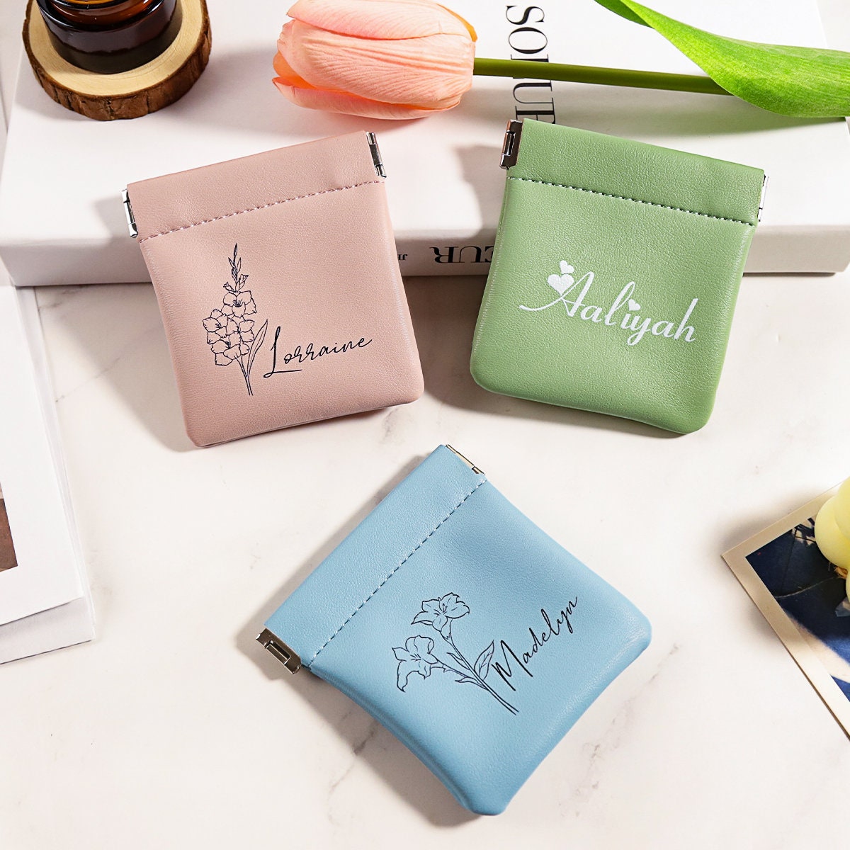 Mini Personalized Coin Purse, Birthday Flower Coin Purse, Small Wallet, Small Coin Pouch, Coin Purse for Women, Mini Jewelry Bag, Girl Gifts