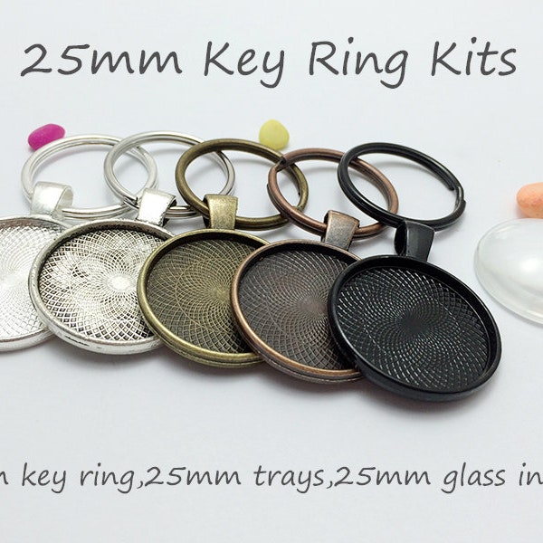 10 Photo Keychain Kits-Complete Pendant Crafting Kit-25mm (1") Circle pendant Trays-Split Rings-25mm domed glass cabochon Included-5 Color