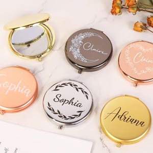Miroir de maquillage compact avec nom, miroir à main, miroir de poche fleur de naissance pour elle, cadeaux de mariée demoiselle d'honneur, cadeau personnalisé pour femme