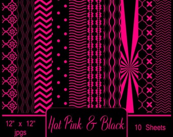 Hot Pink and Black Digital Paper Pack for Party Invitations & Backgrounds, Graphic Paper, Digital scrapbook, Gift Wrap Paper