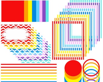 ClipArt Transparent Backgrounds-Labels Ribbons Page Borders with Matching Circles & Squares, Chevron Design Elements in Bright Colors