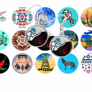 Puede incluir: Un par de pendientes de plata con colgantes circulares en blanco y negro que presentan diseños de arte nativo americano. Los colgantes tienen acentos rojos, azules y turquesa. Los pendientes están rodeados de 12 círculos más pequeños con varios diseños nativos americanos, incluyendo un lobo, una serpiente, una rana, un chile y una olla. El texto "Crazy Grace Graphics" está en la parte inferior de la imagen.