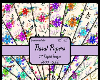 Various Colors of Flowers Digital Paper Pack, Floral Background Paper, Digital Scrapbook, Instant Download, Blue Floral Paper, Purple Floral