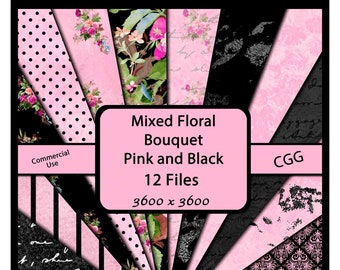 Digital Paper Pack Pink and Black Floral, Wedding Backgrounds, Journal Paper, Scrapbooking, Distressed Paper, Instant Download