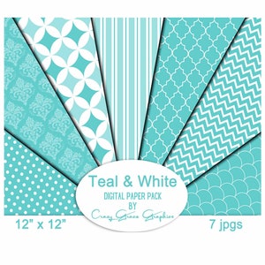 Background Digital Paper Pack Teal and White Instant Download for Journals Planners Backgrounds Scrapbooking or Gift Wrap Paper