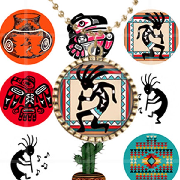 Southwestern Native American bottle cap images for pendants, Printable 1 Inch Circle, Digital Collage Sheet for Jewelry,