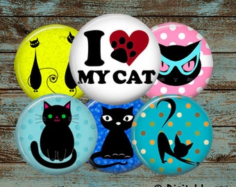 Button Images for 1.25 Inch Round Button Machine, 1.629 Inch Cut Line, Colorful Black Silhouette Cats Digital Image Collage Sheet, Pinbacks