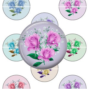 Puede incluir: Nueve círculos de 2,25 pulgadas para una máquina de botones con un diseño floral. Los círculos presentan rosas rosas, azules, moradas, amarillas y verdes con aliento de bebé blanco.