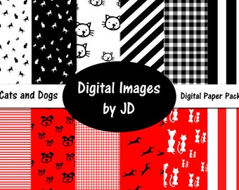 Cats and Dogs Digital Paper Scrapbook Paper Pack, Backgrounds, Printable Images for Birthdays, Invitations, Cards, Party,Dollhouse Wallpaper