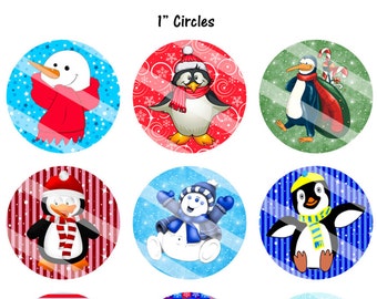 Christmas Snowman Penguin Collage Sheets: 1" Circles, Squares, Ovals (Digital Download)
