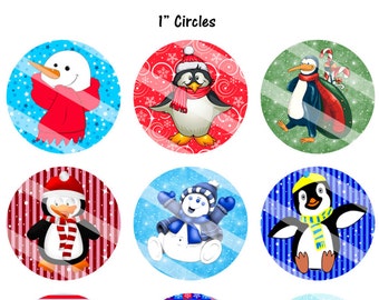 Christmas Snowman & Penquins Digital Collage Sheets 1" Circles, 1" Square, 22x30mm for Bottle Caps, Pendants, Bezels, Cabochons, Jewelry