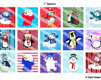 Christmas Snowman Penguin Collage Sheets: 1" Circles, Squares, 22x30mm (Digital Download)