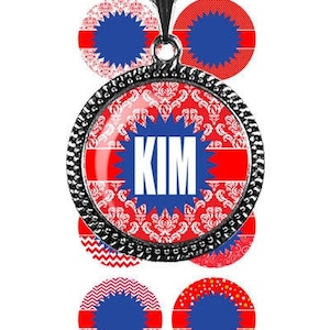 May include: A silver charm necklace with a red, white and blue patterned circle charm. The charm has the name "KIM" in white letters on a blue background. The necklace comes with six additional charms with different red, white and blue patterns.
