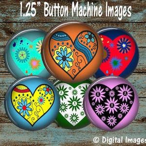 May include: Six 1.25 inch round button blanks with colourful heart designs. The hearts are decorated with swirls, flowers, and dots. The buttons are perfect for crafting and personalisation.