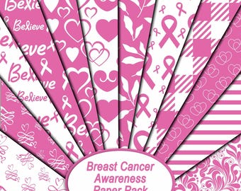 Breast Cancer Awareness Seamless Digital Paper Pack, Pink Ribbon Paper Pack for Backgrounds, Downloadable Scrapbooking or Gift Wrap Paper
