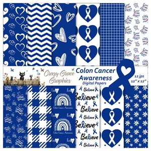 Colon Cancer Awareness Seamless Digital Paper Pack, Blue Ribbon Paper Pack, Hearts Background, Downloadable Scrapbooking or Gift Wrap Paper