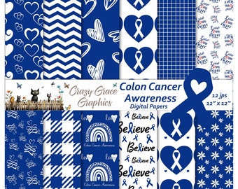 Colon Cancer Awareness Seamless Digital Paper Pack, Blue Ribbon Paper Pack, Hearts Background, Downloadable Scrapbooking or Gift Wrap Paper