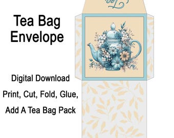 Printable Teabag Envelope: Blue Teapot Floral Design (Digital Download)
