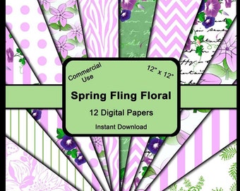 Floral Digital Paper Pack, Floral Background, Digital Paper Pack, Scrapbook Paper, Planner Sticker, Journal Paper, Green and Pinkish Paper