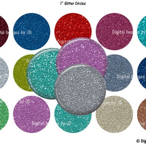 May include: Assortment of 1 inch glitter circles in various colors, including red, blue, green, silver, gold, purple, teal, and brown.