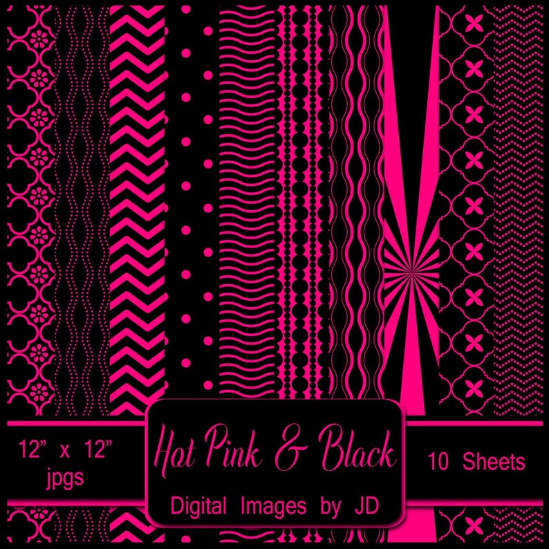 Hot Pink And Black Digital Paper Pack For Party Invitations Backgrounds Graphic Paper Digital Scrapbook Gift Wrap Paper
