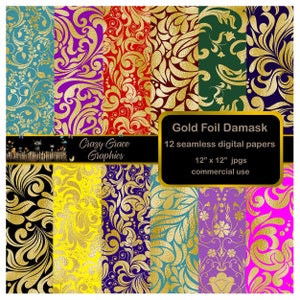 Damask Seamless Digital Paper Pack, Gold Foil Background Papers Downloadable for Scrapbooking Gift Wrap