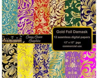 Gold Foil Damask Seamless Digital Paper Pack, Background Papers Downloadable for Scrapbooking Gift Wrap