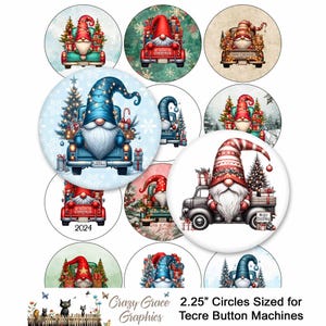 May include: A collection of Christmas-themed button designs featuring gnomes in trucks. The gnomes wear festive hats and are surrounded by gifts and Christmas trees. The buttons are 2.25 inches in diameter and sized for Tecre button machines. The text "Merry Christmas" is visible on some buttons.